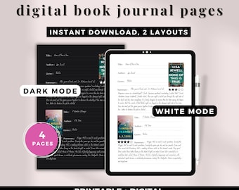 May include: Digital book journal pages in dark and white mode. The journal pages feature a space to write the title, author, genre, and summary of a book. The pages also include a space for a book cover and a rating system. The text "4 pages" is displayed in a pink circle.