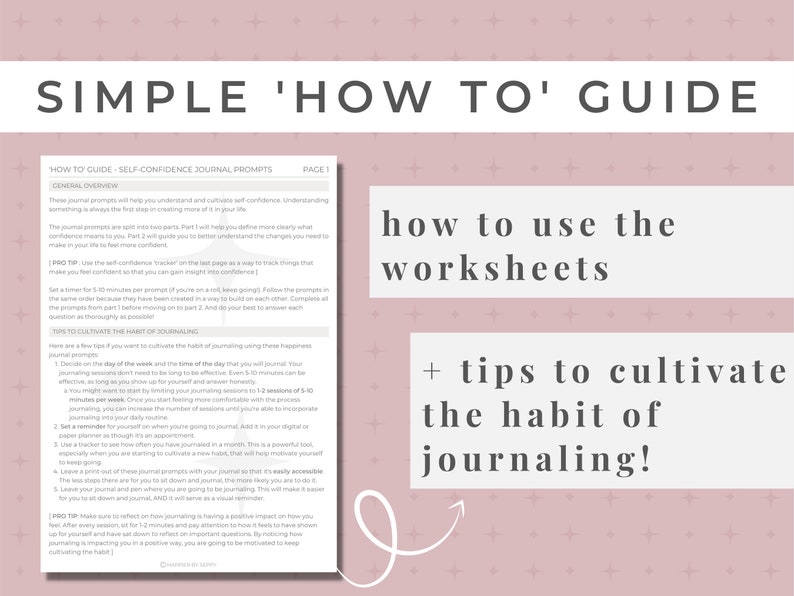 Writings prompts for your self love journey. This digital workbook includes guided journal prompts for self-help. Goodnotes journal prompts that can also be printed. Includes journal prompt worksheets, selflove checklist and a journaling page.