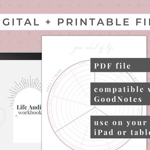 50 page digital journaling workbook for your personal development plan for manifesting your goals. This is also a printable workbook that includes guided journal prompts and questions to audit your life so that you can set 2023 goals by category