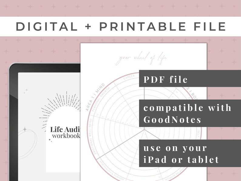 50 page digital journaling workbook for your personal development plan for manifesting your goals. This is also a printable workbook that includes guided journal prompts and questions to audit your life so that you can set 2023 goals by category