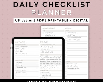 DAILY CHECKLIST PLANNER, Daily planner sheets Minimalist daily planner pdf, Undated daily planner blank Daily planner sheet instant download