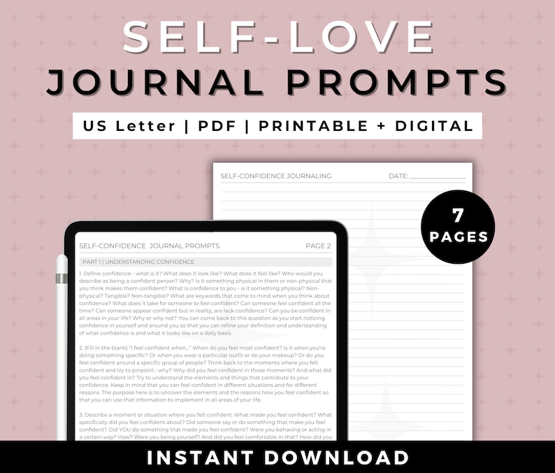 Writings prompts for your self love journey. This digital workbook includes guided journal prompts for self-help. Goodnotes journal prompts that can also be printed. Includes journal prompt worksheets, selflove checklist and a journaling page.