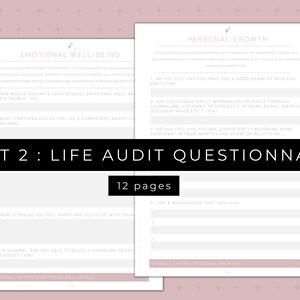 50 page digital journaling workbook for your personal development plan for manifesting your goals. This is also a printable workbook that includes guided journal prompts and questions to audit your life so that you can set 2023 goals by category