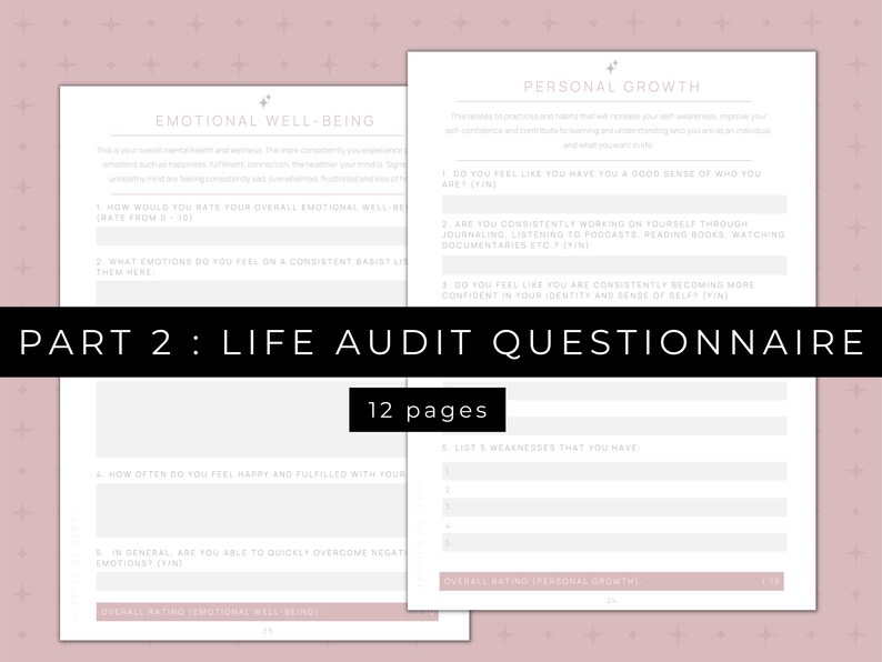 50 page digital journaling workbook for your personal development plan for manifesting your goals. This is also a printable workbook that includes guided journal prompts and questions to audit your life so that you can set 2023 goals by category