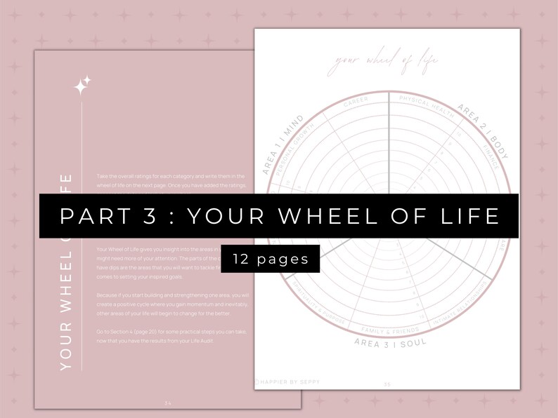 50 page digital journaling workbook for your personal development plan for manifesting your goals. This is also a printable workbook that includes guided journal prompts and questions to audit your life so that you can set 2023 goals by category