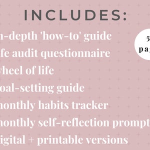 50 page digital journaling workbook for your personal development plan for manifesting your goals. This is also a printable workbook that includes guided journal prompts and questions to audit your life so that you can set 2023 goals by category