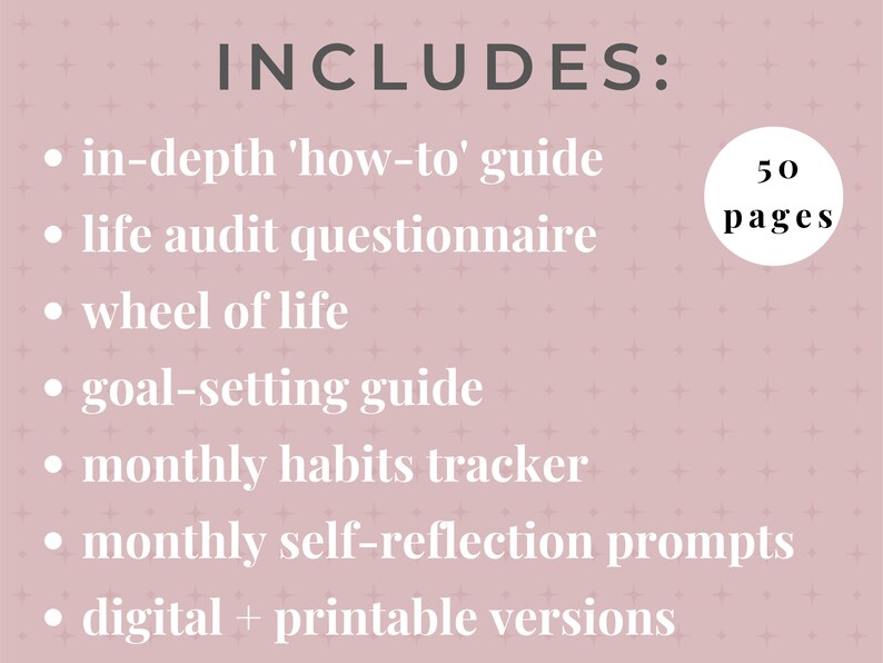 50 page digital journaling workbook for your personal development plan for manifesting your goals. This is also a printable workbook that includes guided journal prompts and questions to audit your life so that you can set 2023 goals by category