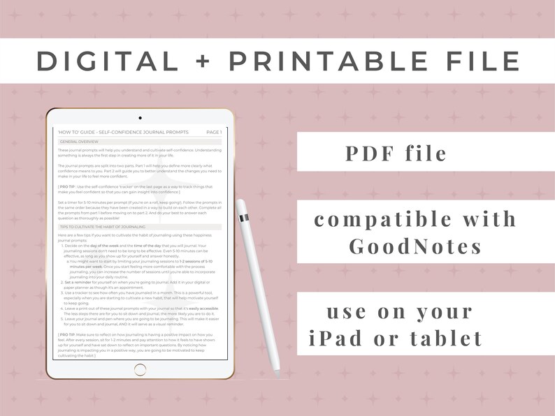 Writings prompts for your self love journey. This digital workbook includes guided journal prompts for self-help. Goodnotes journal prompts that can also be printed. Includes journal prompt worksheets, selflove checklist and a journaling page.
