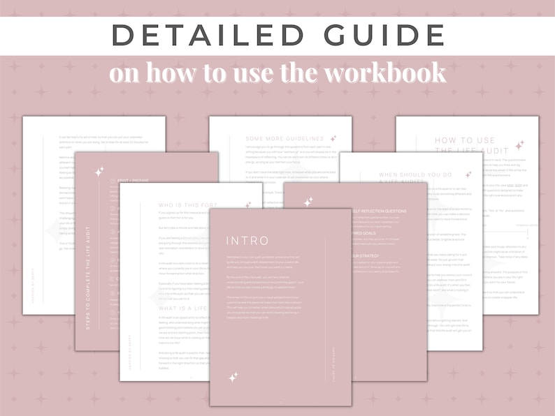 50 page digital journaling workbook for your personal development plan for manifesting your goals. This is also a printable workbook that includes guided journal prompts and questions to audit your life so that you can set 2023 goals by category