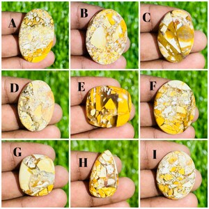 Peut inclure: Neuf pierres précieuses polies avec un mélange de jaune, crème et marron. Les pierres varient en forme, notamment ovale, rectangulaire et en goutte. Chaque pierre présente un motif unique, avec des veines et des inclusions visibles. Les pierres sont présentées sur un fond vert.