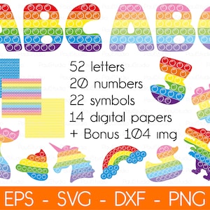 May include: A set of colorful alphabet letters, numbers, and symbols in the style of a popular pop-it fidget toy. The set also includes 14 digital papers and 104 bonus images. The text on the image reads: "52 letters, 20 numbers, 22 symbols, 14 digital papers, + Bonus 104 img, EPS - SVG - DXF - PNG".
