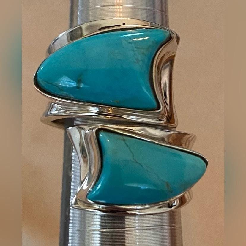 Sterling Silver 925 Turquoise Bypass Statement Ring Signed Modernist 5.5