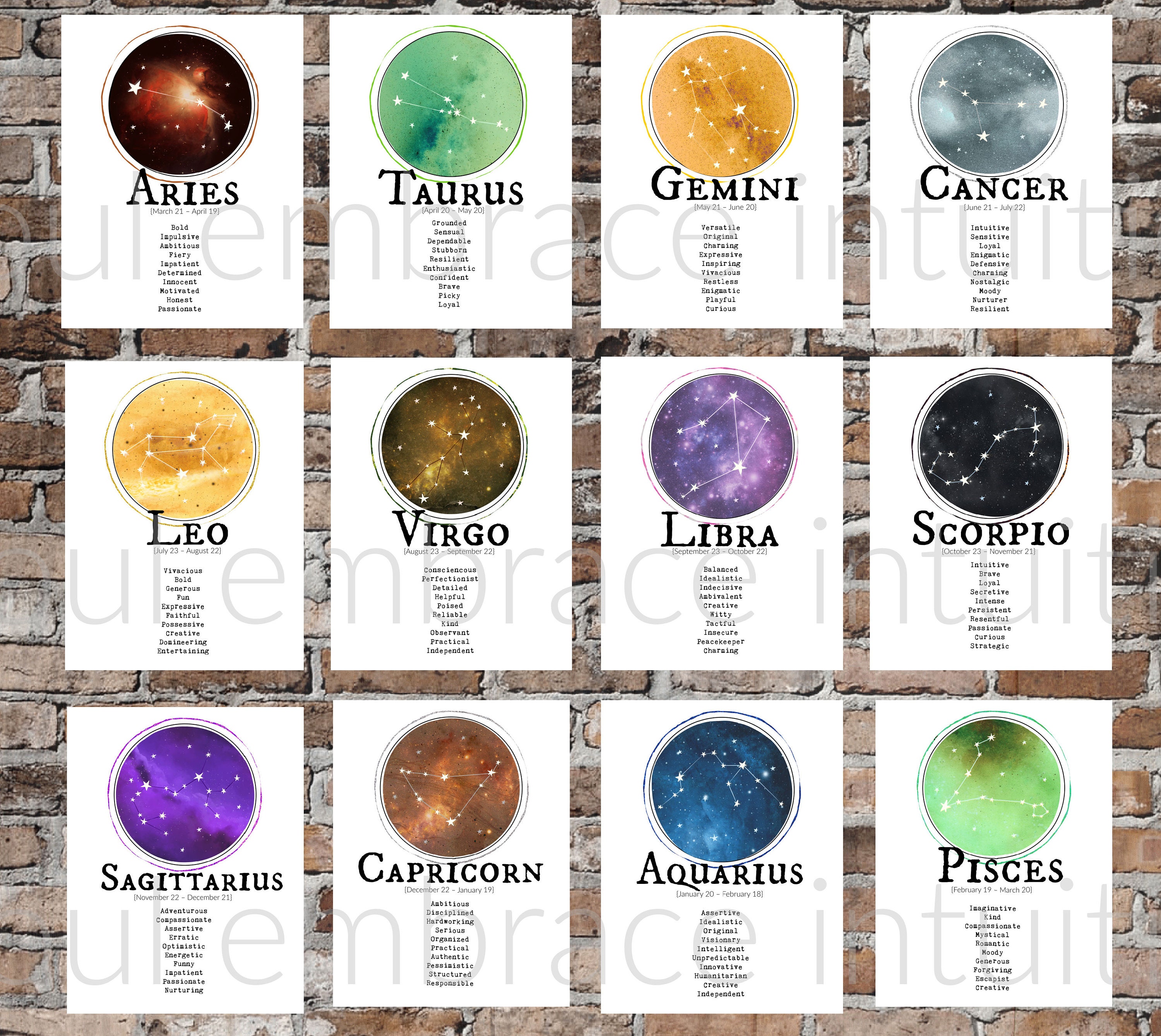 ALL ZODIAC Signs PRINTABLE Art Personality Traits Constellations