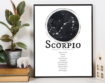 May include: Black and white printable poster with a constellation of stars representing the zodiac sign Scorpio. The poster includes the name "Scorpio" and the dates "October 23 - November 21".  The poster also lists personality traits associated with the Scorpio zodiac sign, including "intuitive", "brave", "loyal", "secretive", "intense", "persistent", "resentful", "passionate", "curious", and "strategic".
