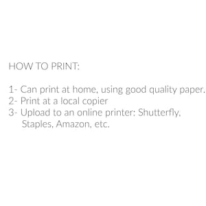 May include: Text explaining how to print a document. Options include printing at home, using a local copier, or uploading to an online printer such as Shutterfly, Staples, or Amazon.
