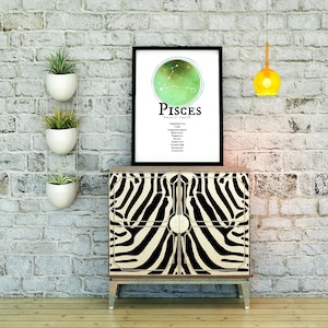 May include: A black framed print with a green watercolor background and a constellation of stars representing the Pisces zodiac sign. The print includes the text "Pisces" and the dates "February 19 - March 20". The print is displayed on a zebra-print cabinet with a black and white pattern.
