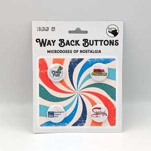 May include: A set of four white button pins with nostalgic designs. The pins feature logos for Pizza Putt, a video game arcade, Burlington Square Mall, and a roller skating rink called "Kateland". The pins are displayed on a colorful background with a swirling pattern.
