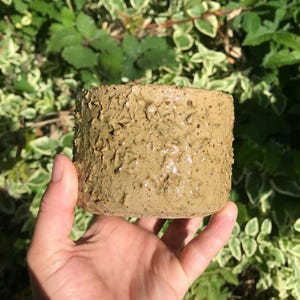 Peut inclure: Un pot de fleurs cylindrique en céramique avec une surface rugueuse et texturée de couleur beige et brun clair. L'extérieur présente une application épaisse et inégale d'argile, créant un aspect organique avec de petites taches sombres.