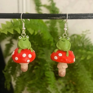 little frog on a mushroom, polymer clay earrings