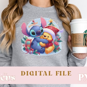 Pooh & Stitch Christmas Png, pooh bear hugging stitch, pooh bear, stitch christmas, christmas png, cartoon stitch christmas digital files