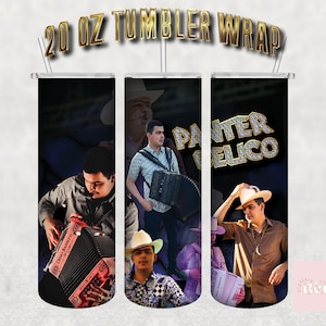 May include: A 20 oz tumbler wrap featuring images of a musician playing an accordion. The design includes the text "PANTER BELICO" in a diamond-studded font. The background is a dark gradient.