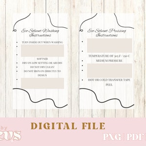 May include: Two white cards with black outlines and brown text. The left card has instructions for eco solvent washing, including turning the garment inside out, using a low setting or air drying, not dry cleaning, and not ironing directly on the design. The right card has instructions for eco solvent pressing, including a temperature of 305 degrees Fahrenheit or 150 degrees Celsius, medium pressure, and using hot or cold transfer tape.