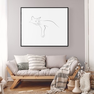 Cat printable one line art. Minimalist drawing lazy cat. Single line art of cat. Cat one line drawing