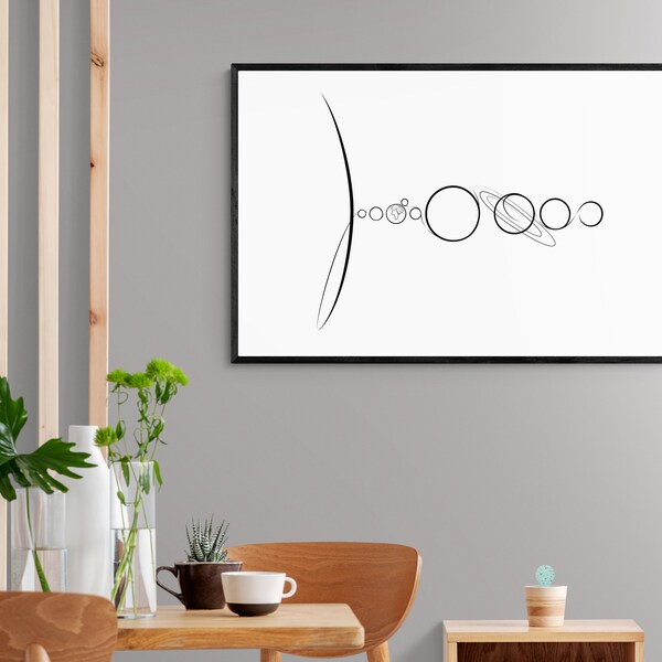 Solar system one line drawing. Planets printable minimalist one line art