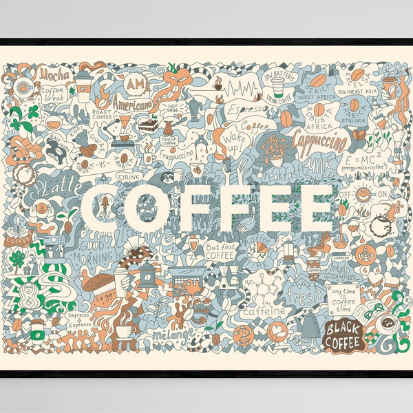 Koffie doodle lijntekeningen. De inrichting van een coffeeshop. Koffie thema poster. Koffie bedrukbare muurkunst en ansichtkaart met koffiethema