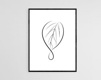 Leaf one line art. Drop of water on a leaf in printable wall art. Botanical minimalist one line drawing
