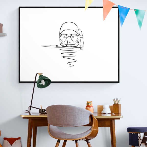 Printable One Line Art of Scuba Diver. Minimalist wall art of aqualunger. Scuba diving wall art. Divers head one line drawing