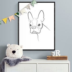 One line drawing of Dog Boston terrier. Dog minimalist wall art in printable one line art