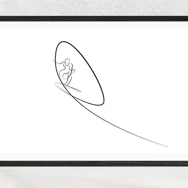 Surf poster. One line drawing of surfing pipeline. Minimalist surfing wall art