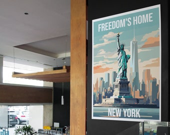 Affiche de voyage de New York en style vectoriel. Statue de la Liberté. NYC - La maison de la liberté