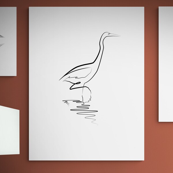 Printable One Line Art de Heron dans l'eau. Art mural minimaliste d'oiseau. Dessin au trait unique de héron dans l'eau. Oiseau en un dessin au trait