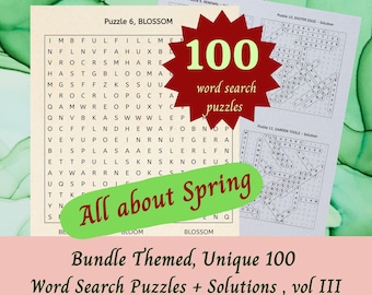 Word Search Puzzles about Spring/Bundle of  100 Unique, Themed Word Search Puzzle/ Printable Puzzle Games for Kids, Adults, Seniors