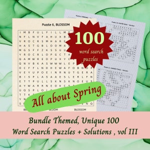 Word Search Puzzles about Spring/Bundle of  100 Unique, Themed Word Search Puzzle/ Printable Puzzle Games for Kids, Adults, Seniors