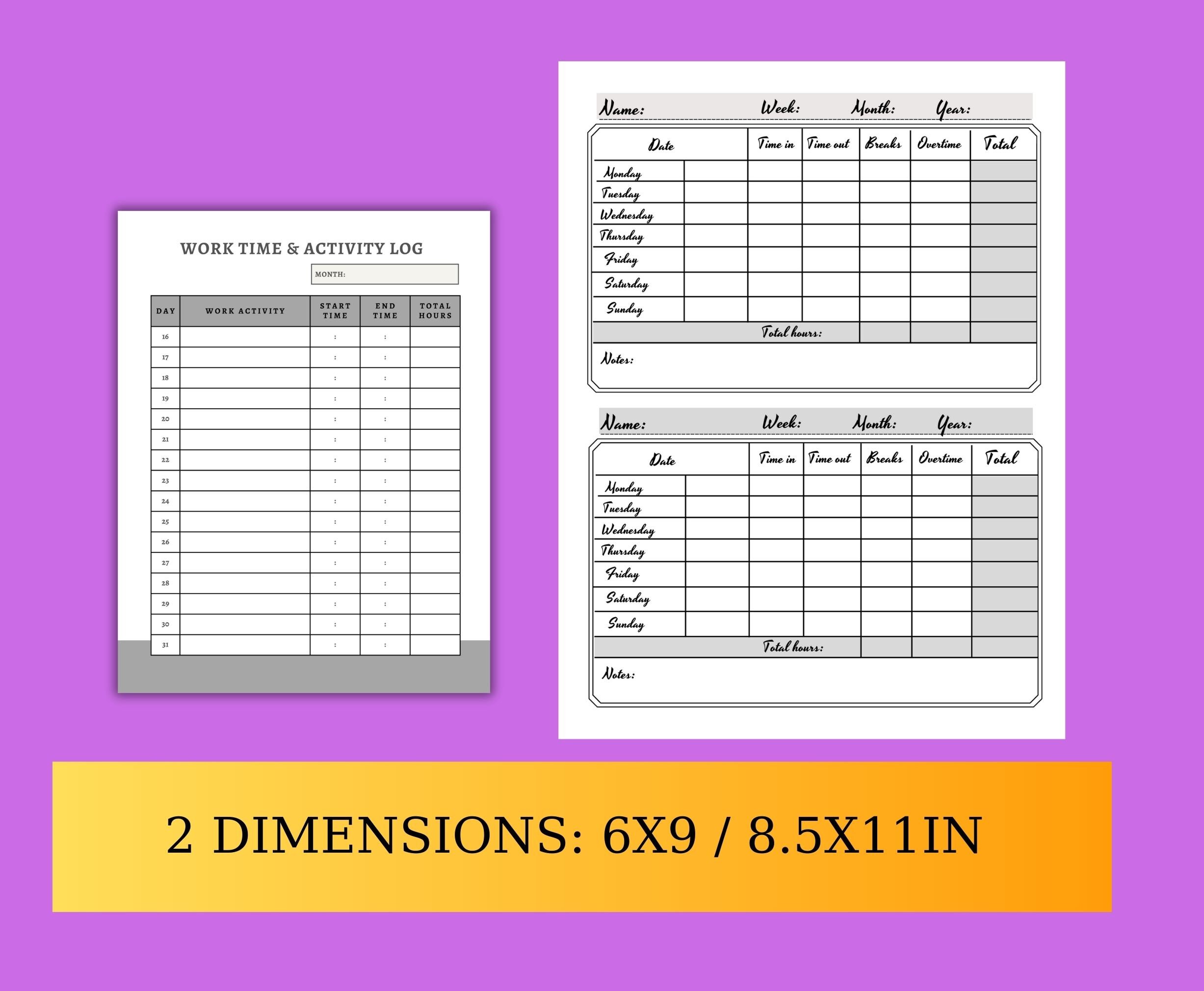 Printable Work Time Sheets Log Book/ Daily / Weekly/ Monthly Employee