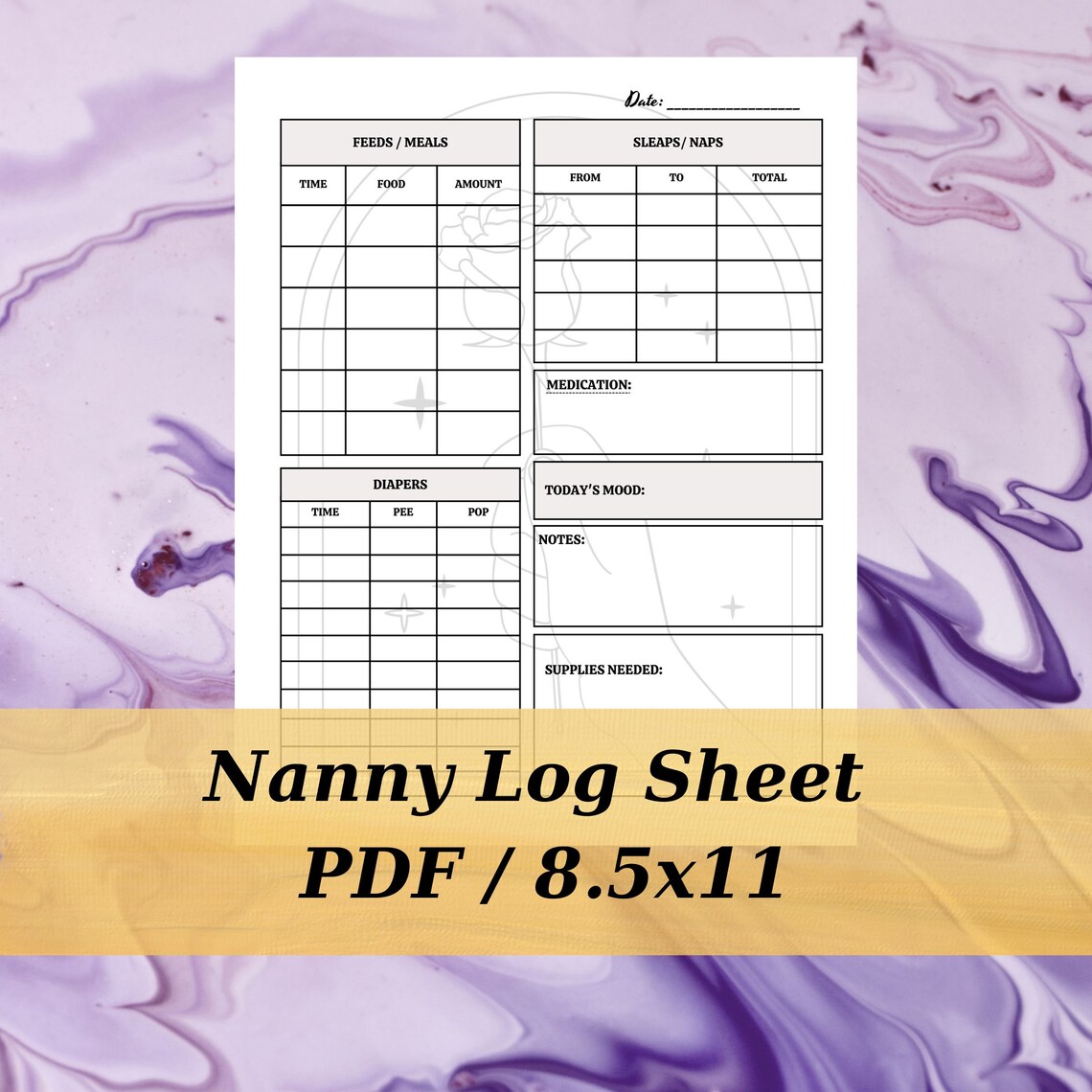 Printable Nanny Daily Log Sheet/ Pdf/ 8x5x11/ Baby Daily Log Template
