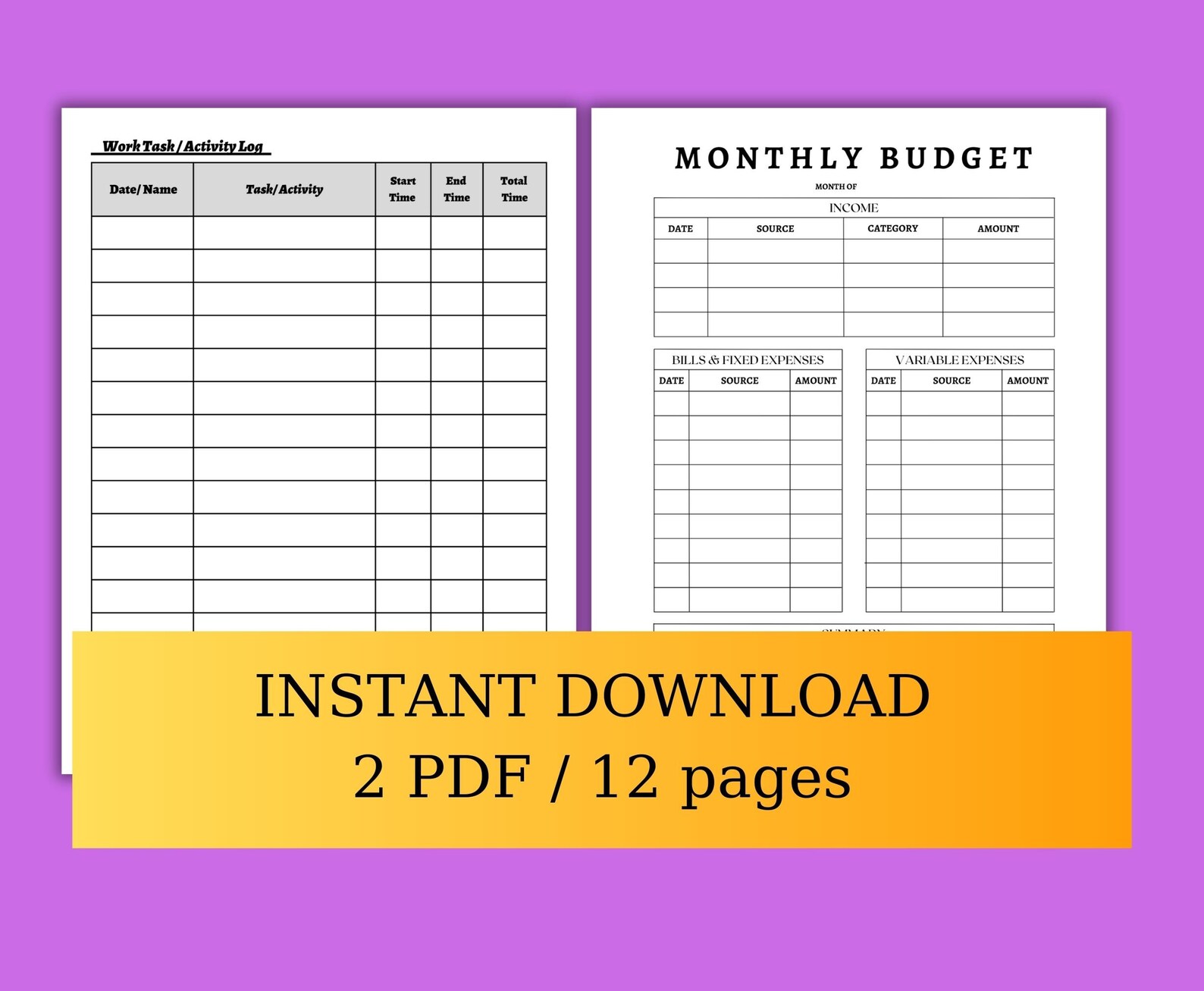 Printable Work Time Sheets Log Book/ Daily / Weekly/ Monthly Employee