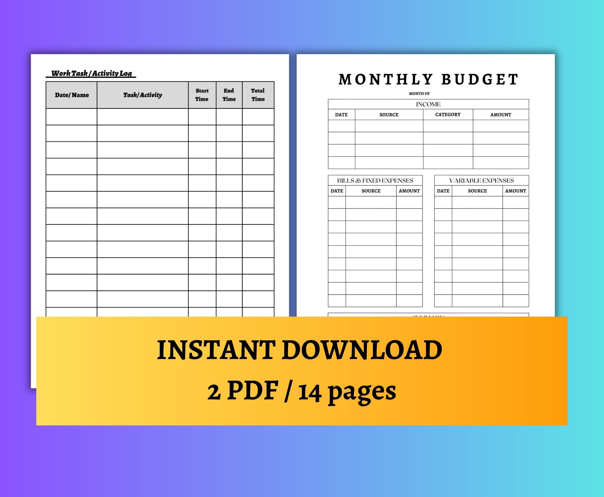 Bundle Printable Trackers/ Time Sheets, Work Task, Monthly Budget, Bill ...