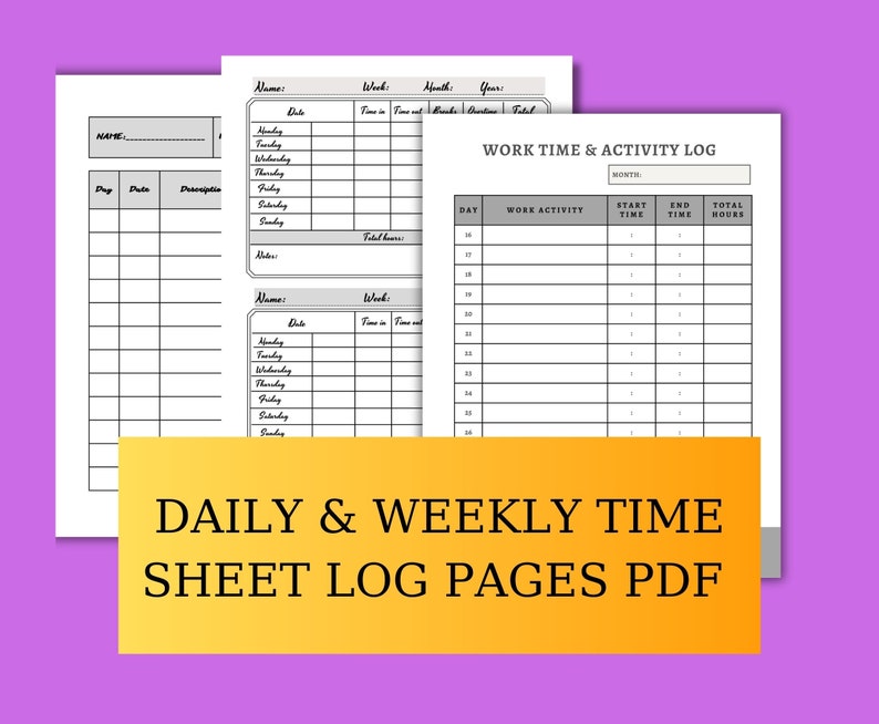 Printable Work Time Sheets Log Book/ Daily / Weekly/ Monthly Employee