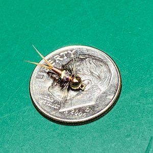 May include: A small gold and brown fly fishing lure with a bead head, shown next to a 10 pence coin for scale.