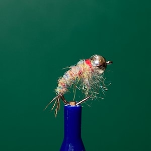 May include: A colourful fly fishing lure with a silver bead head and a multi-coloured body. The lure is tied on a blue fishing rod.