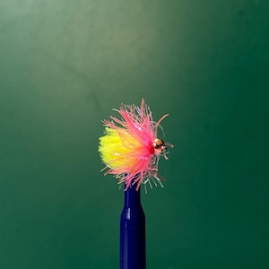 May include: A colorful fly fishing lure with a yellow body, pink and orange accents, and a gold bead head. The lure is attached to a blue rod and set against a green background. This fly is designed to attract fish.