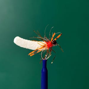 May include: A close-up of a fly fishing lure with orange and brown feathers, a white foam body, and a red bead head.