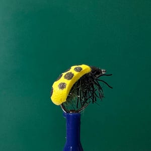 May include: A yellow and black ladybug-shaped fishing fly. The fly has a curved yellow body with black spots, black feathery material, and a silver hook. The fly is mounted on a blue stand against a green background.