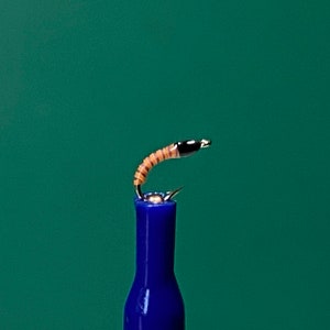 May include: A brown and orange fly fishing lure with a silver bead and a black head.