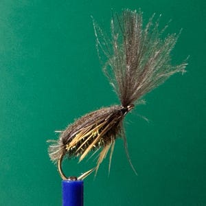 May include: A close-up of a handmade fishing fly. The fly features a dark brown body with yellow and black accents, a curved hook, and a large, feathery wing. The hook is attached to a blue base against a green background.