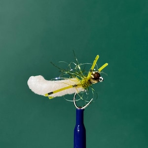 May include: A white foam fly with yellow legs and a gold bead head. The fly is tied on a blue fishing hook.